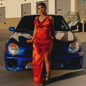 Metallic orange prom dress